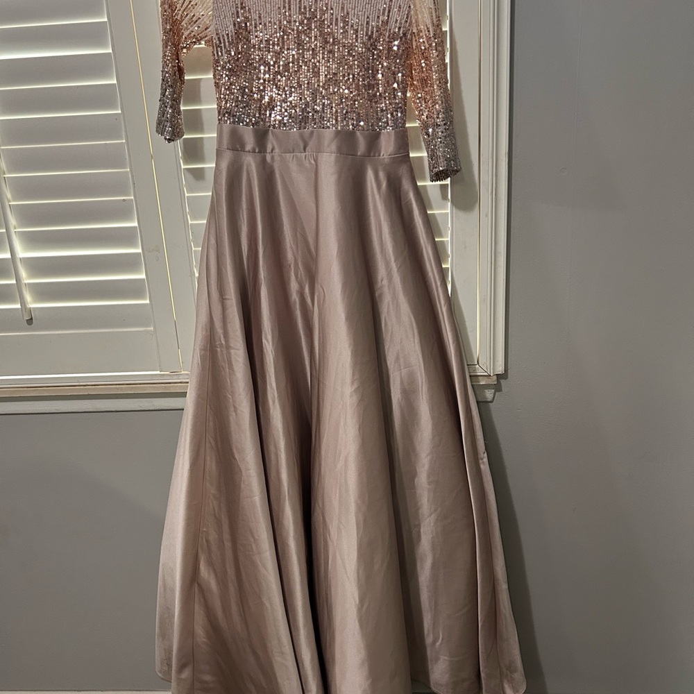 Adam Sequin Top Maxi Dress in Rose Gold and Taupe